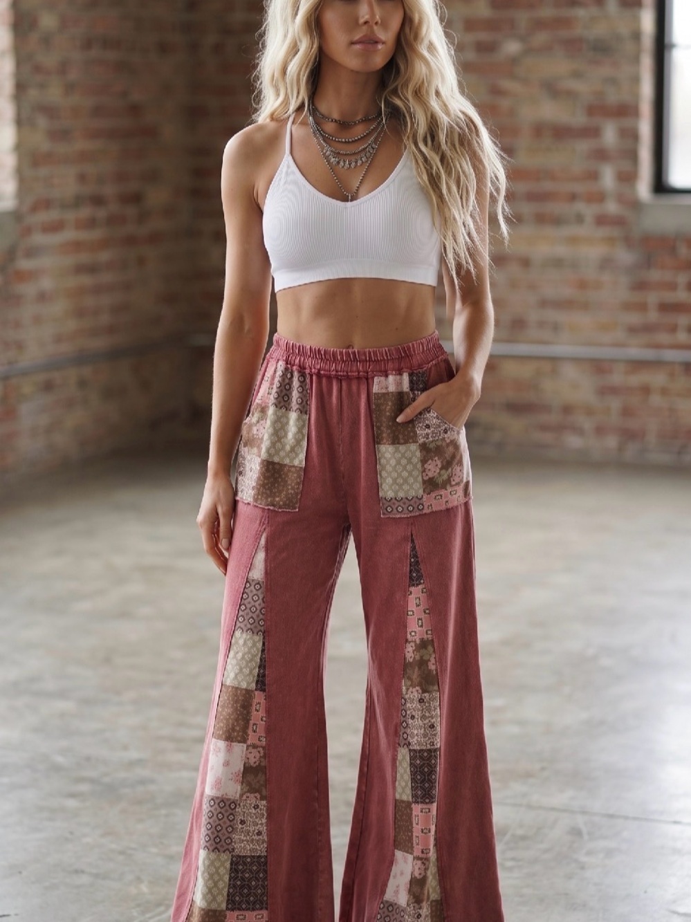 NWT J.Her Granny Tile Patchwork Boho Festival Wide Leg Flare Pants - Picture 4 of 7